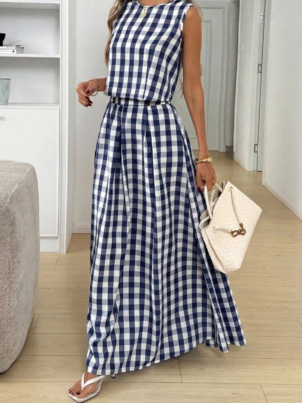 Navy Blue Casual Women's Plaid Print Sleeveless Top And Skirt 2-Piece Set - Picture 4 of 6